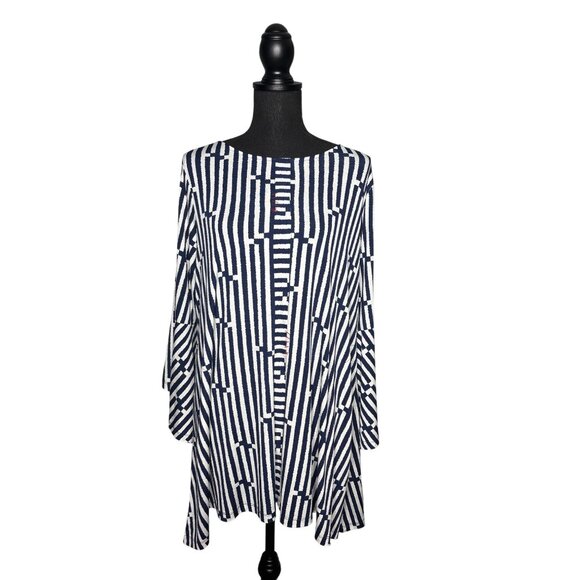 90's/Y2K Terra SJ Apparel Women's Blue & White Geo Striped Tunic Top Size L - Picture 1 of 12